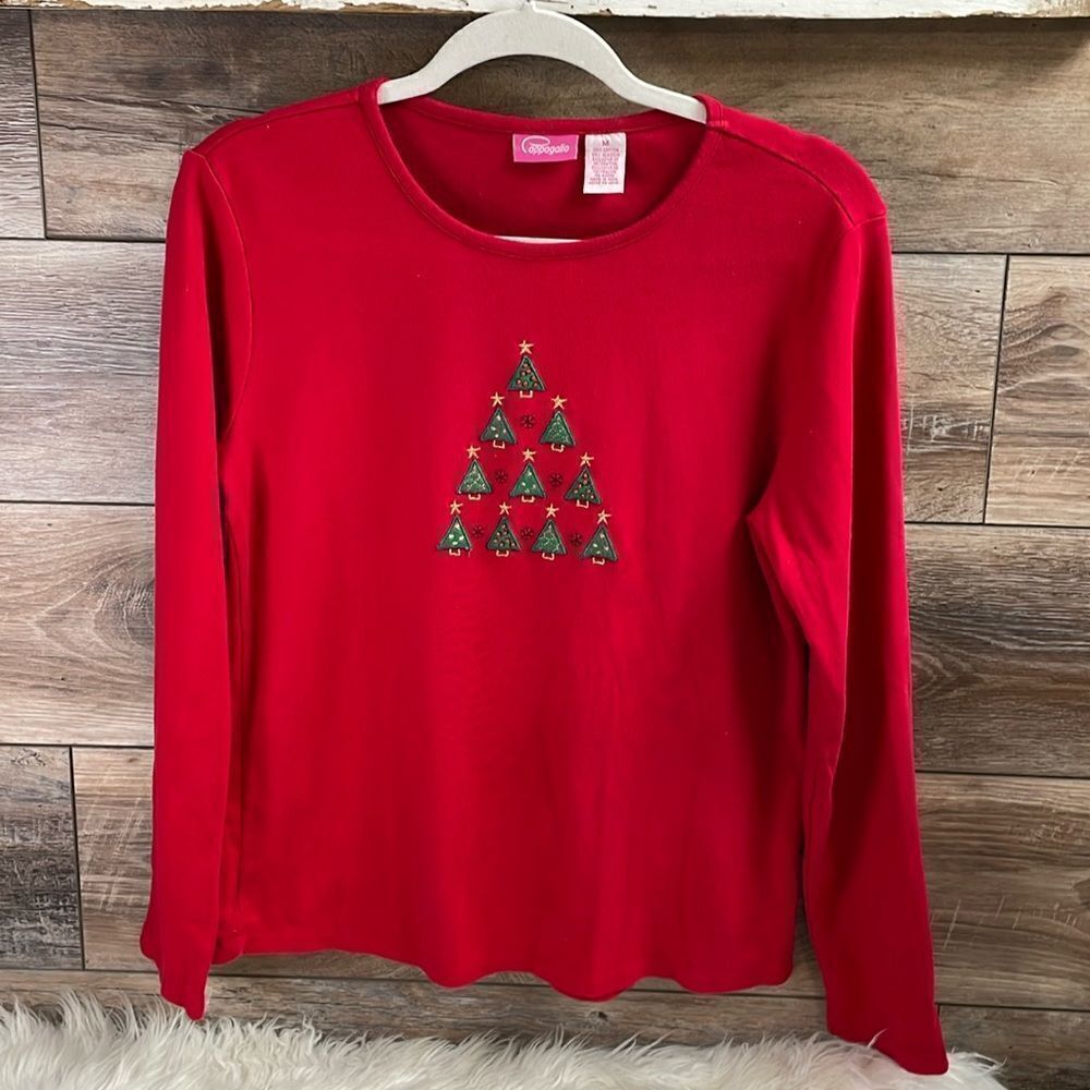 Cappagallo Ladies Holiday Christmas Trees Top, Size Medium, Red and Green